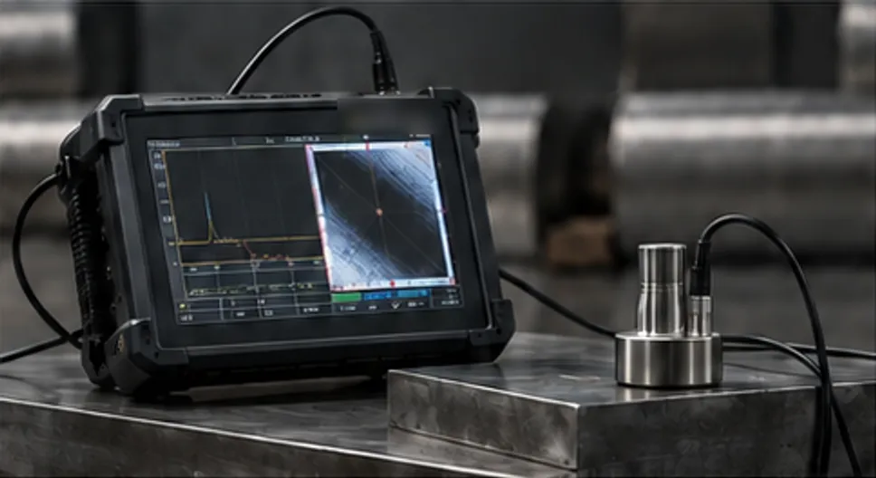 Ultrasonic testing instrument and probe on a metal workbench.